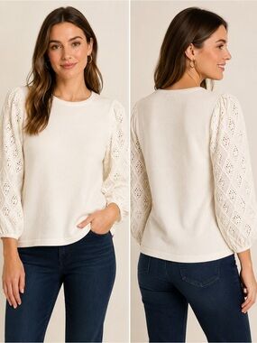 Adrianna Papell Ivory Lace Sleeve Sweater Size Medium